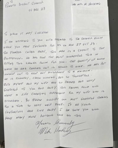 Letter of thanks for great service from Miserve fitting accessible bathroom