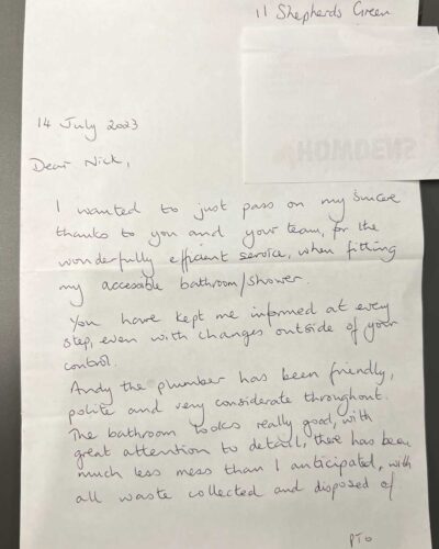 hand written testimonial for Miserve work and service